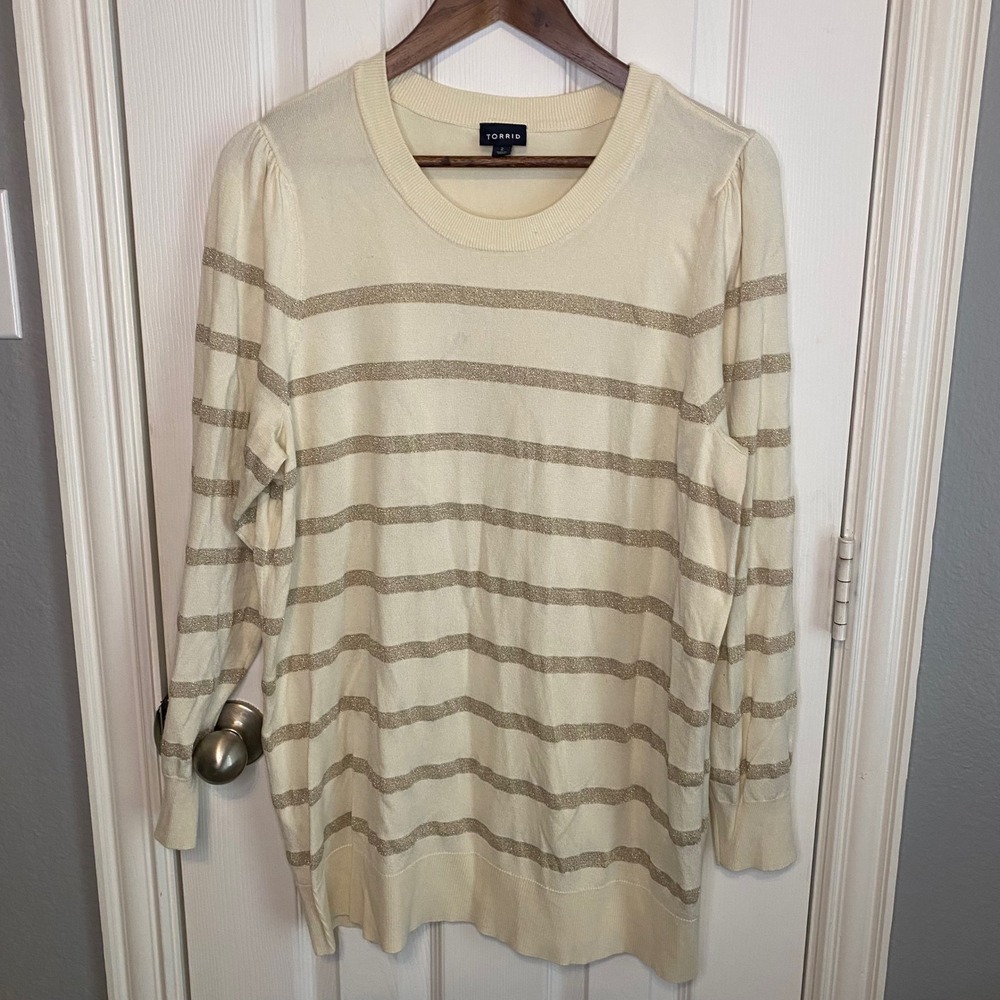 Torrid Sweater Plus Size 2‎ 2X Womens Cream Gold Metallic Striped Puff Sleeve